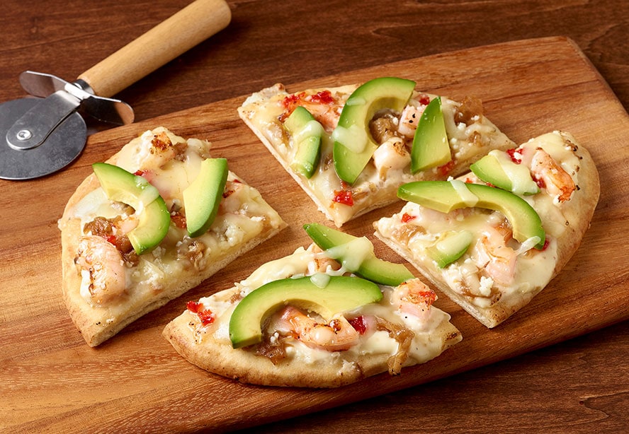 California Avocado and Shrimp Flatbread with smoked onion, candied sweet peppers and Cotija cream sa