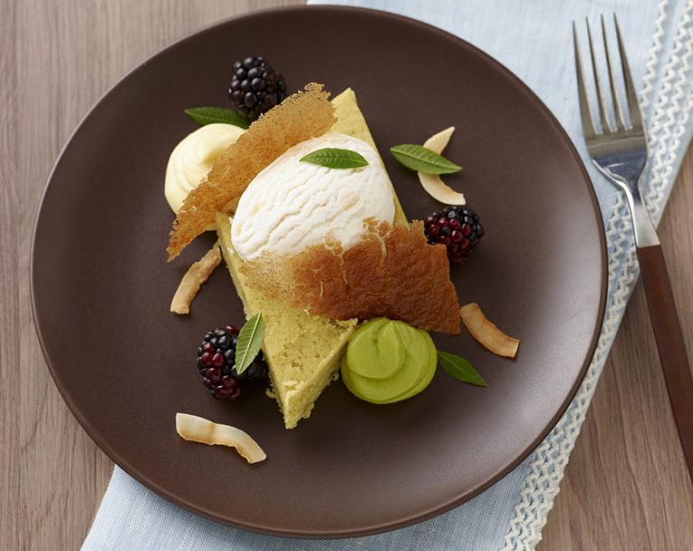 California Avocado Cake with Coconut Sorbet and Graham Cracker Tuile