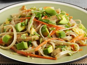 Plate of pad thai made with avocados