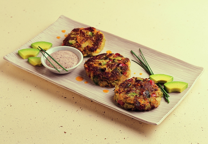 California Avocado Dungeness Crab Cake, Fresh Corn Blini, Violet Mustard Creme Fraiche - California 