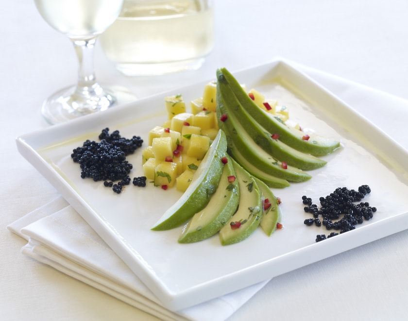 California Avocado with Mango Salad, Balsamic Caviar, and Cilantro Lime Dressing - California Avocad