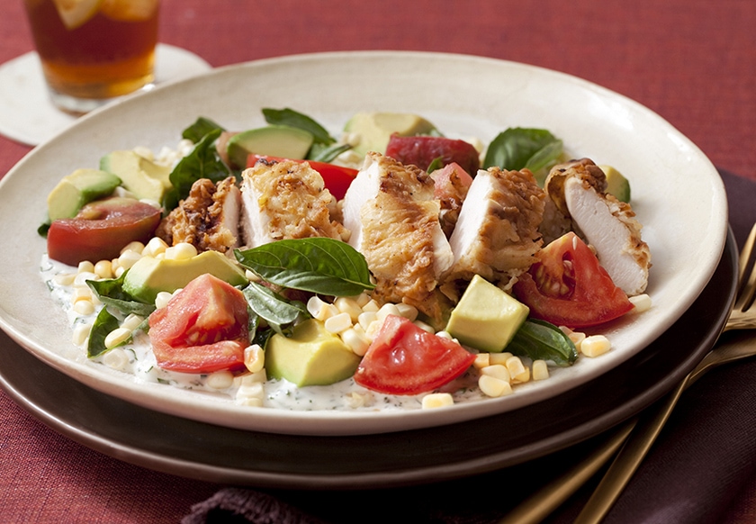 Fried Chicken Breast salad with Avocado, Corn, Basil & Housemade ranch
