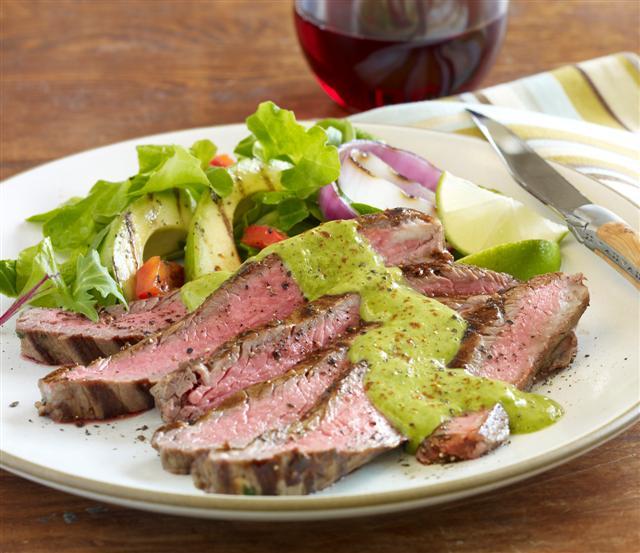 Lemon Avocado Oil Marinated Flank Steak With Avocado Chimichurri Sauce ...