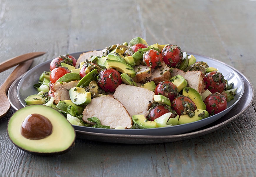 Roasted Pork Tenderloin with Bok Choy, Pickled Tomatoes and California Avocado - California Avocados