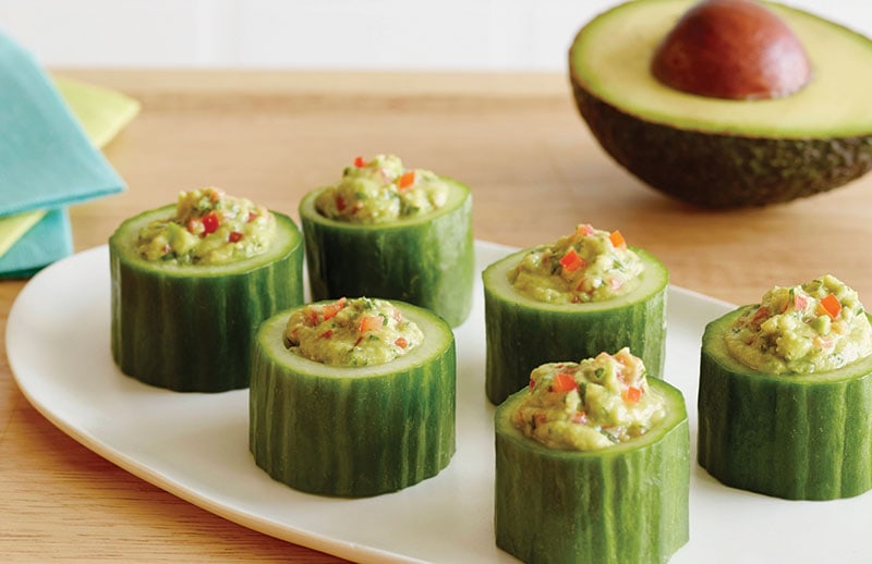 Plate of low carb avocado cucumber cups