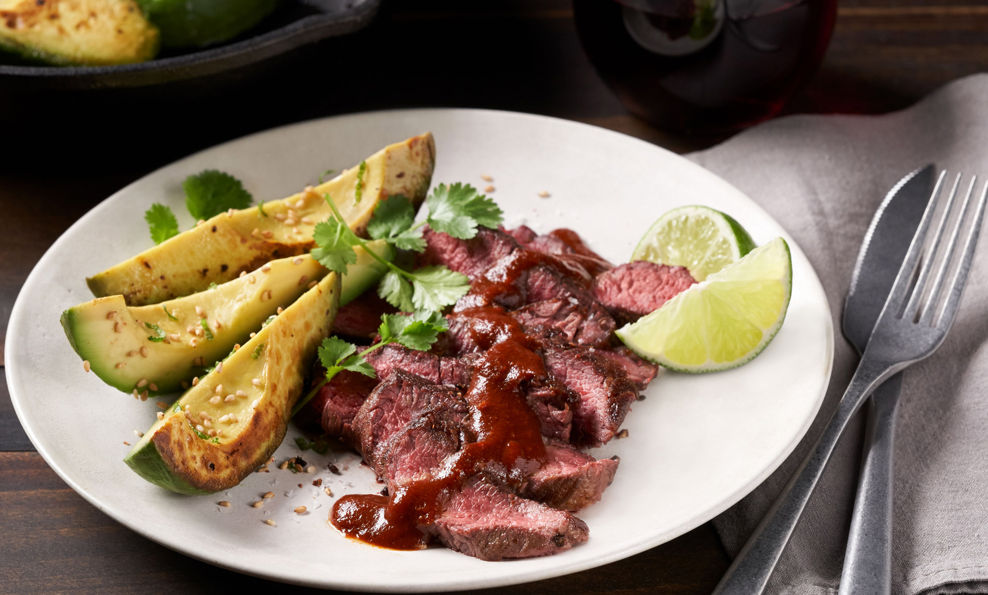 Cast Iron California Avocado and Peppercorn Filet Mignon with Broken Chipotle Vinaigrette - Californ