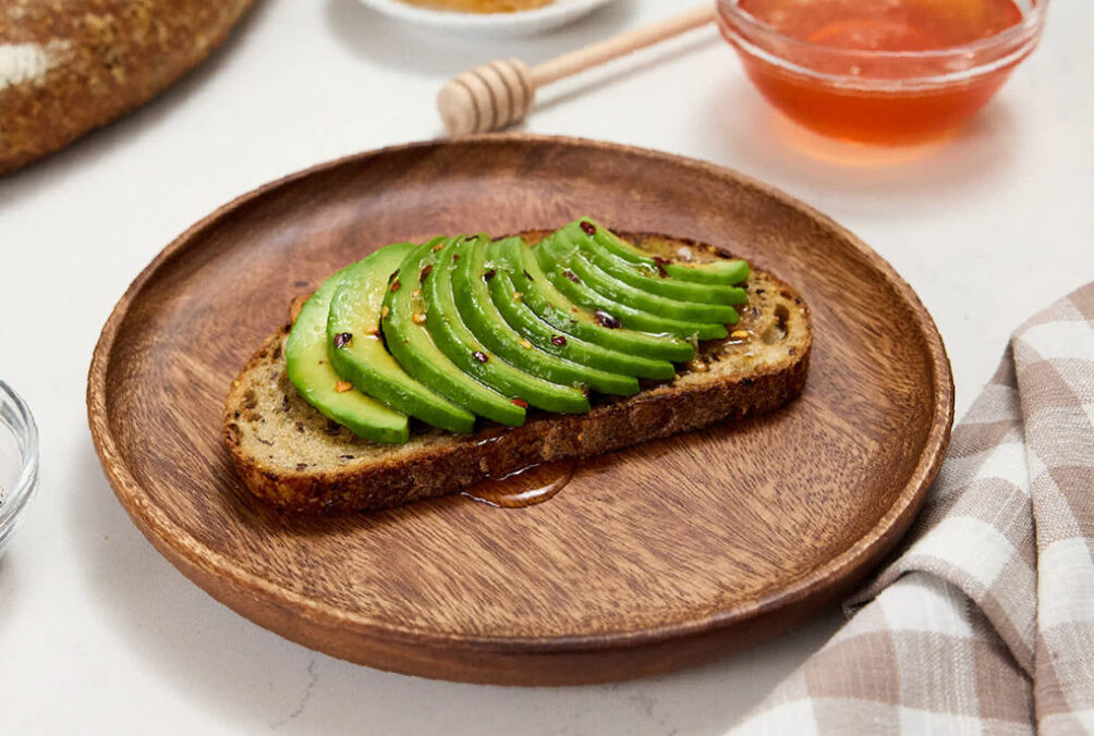 California avocado toast with honey and chili flakes.